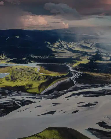 Aerial view of layered geological terrain